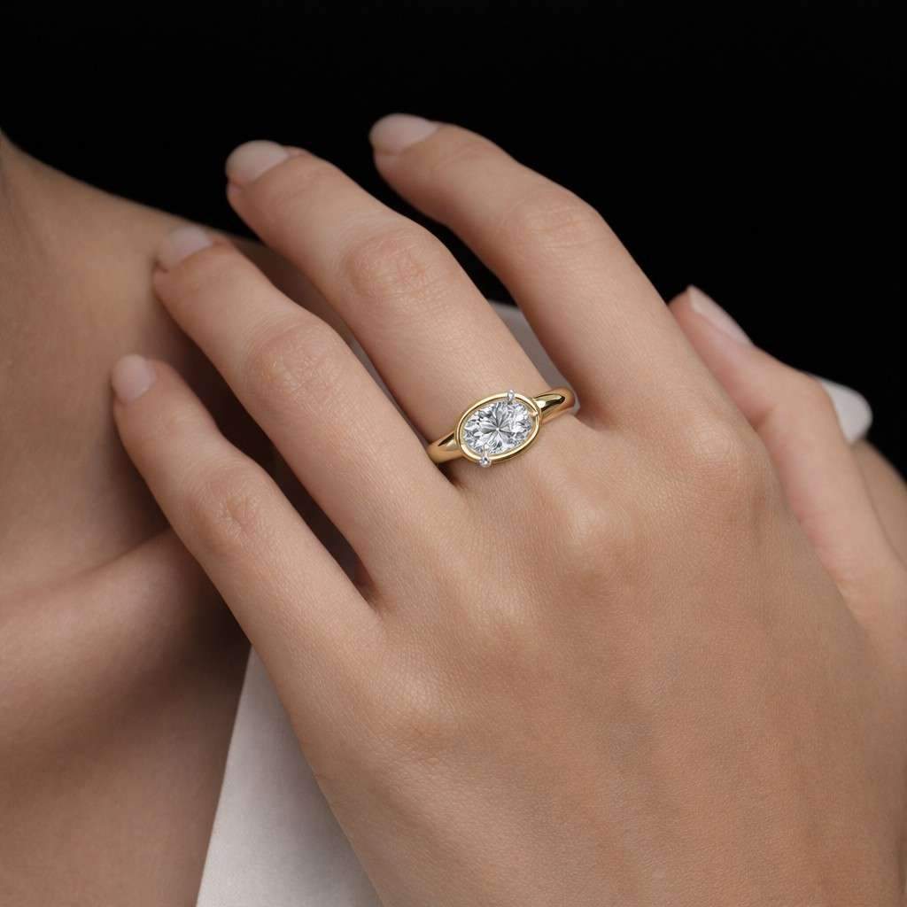 2.5ct oval cut lab grown diamond ring, east to west solitaire engagement ring, 14k solid gold half bezel set ring for women