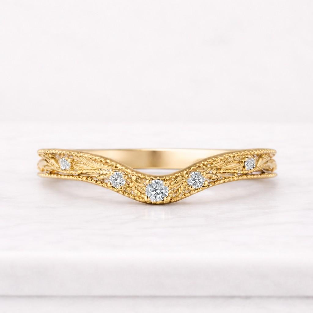 curved milgrain edges wedding band, vintage leafy engraved ring, round lab grown band, half eternity stacking band, 14k gold nesting ring
