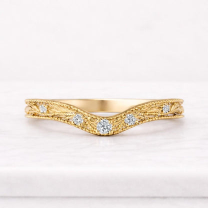 Curved Milgrain Edges Wedding Band, Vintage Leafy Engraved Ring, Round Lab Grown Band, Half Eternity Stacking Band, 14K Gold Nesting Ring