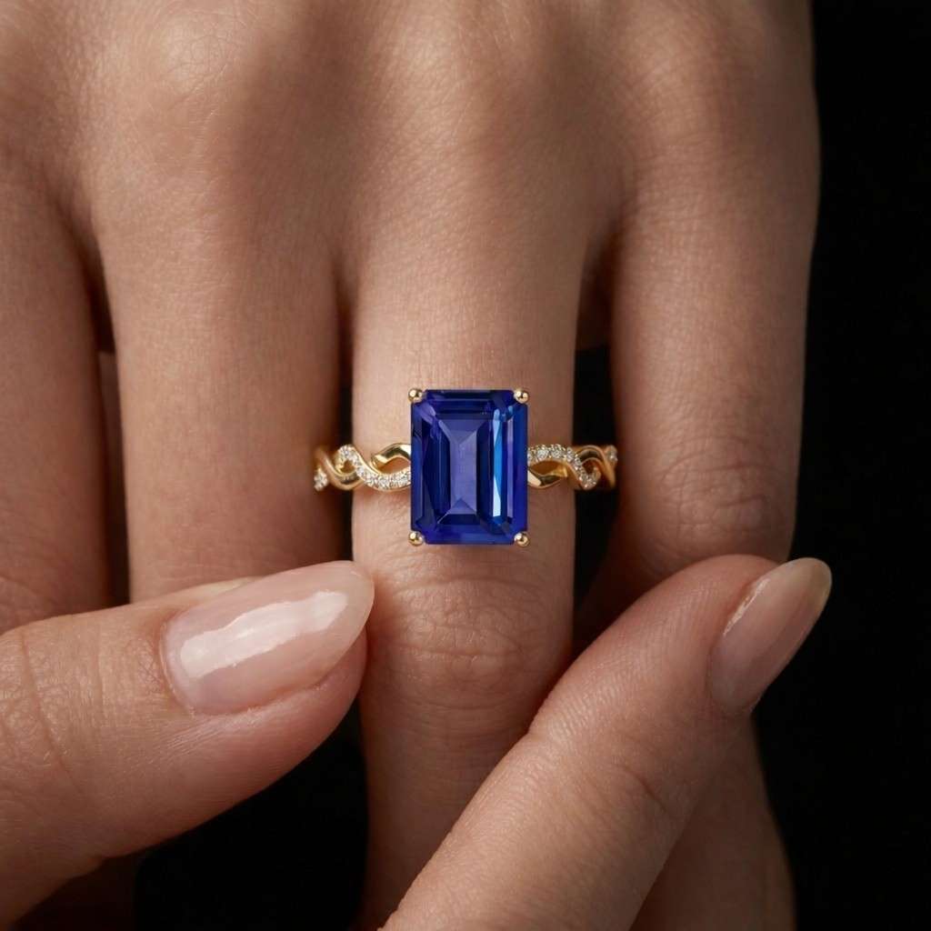 Tanzanite Ring 14K Gold Emerald Cut 1.35ct Diamond Halo Twisted Band Engagement Ring Gift for Her