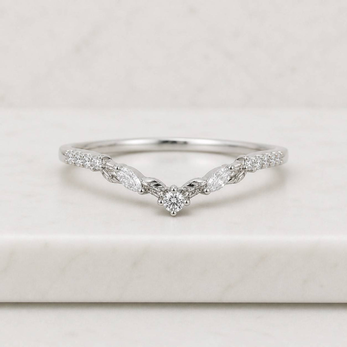 Custom Lab Diamond Curved Wedding Ring Marquise Round Band for Women Minimalist Nesting Ring Stackable Gift Jewelry Engagement Ring Enhancer