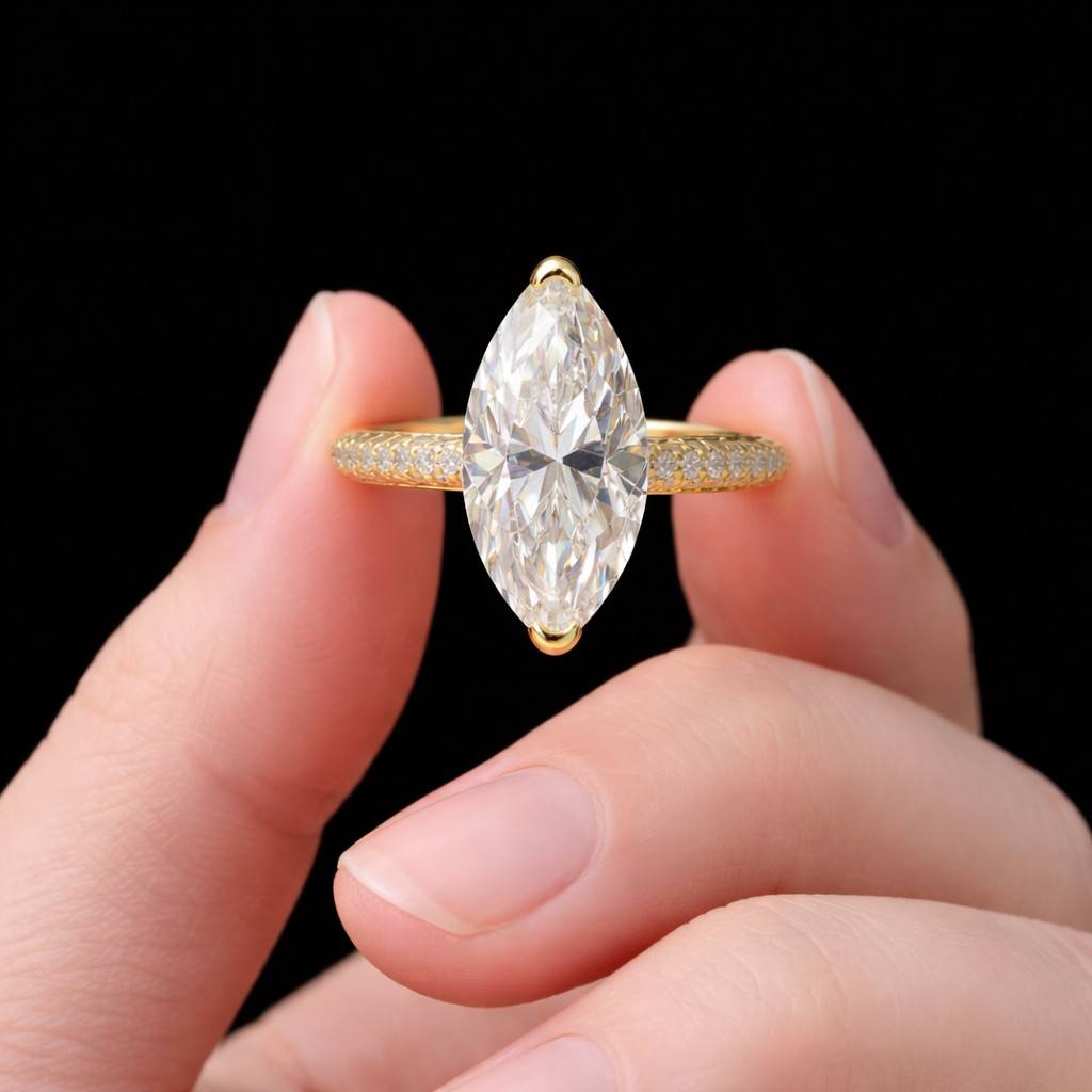 4 ct marquise cut moissanite engagement ring in 14k solid gold | 6 prong hidden halo solitaire with pave wedding band
