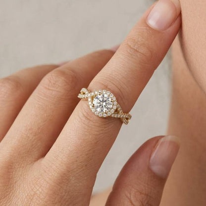 Round Lab Grown Diamond Ring, Twisted Band, Halo Ring, Gift For a Friend