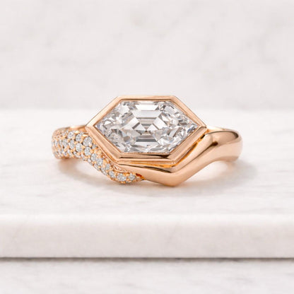 1.50 CT Long Hexagon Step Cut Moissanite Wedding Ring, East West Solitaire Diamond Engagement Ring, Half Bezel Setting Anniversary Gift
