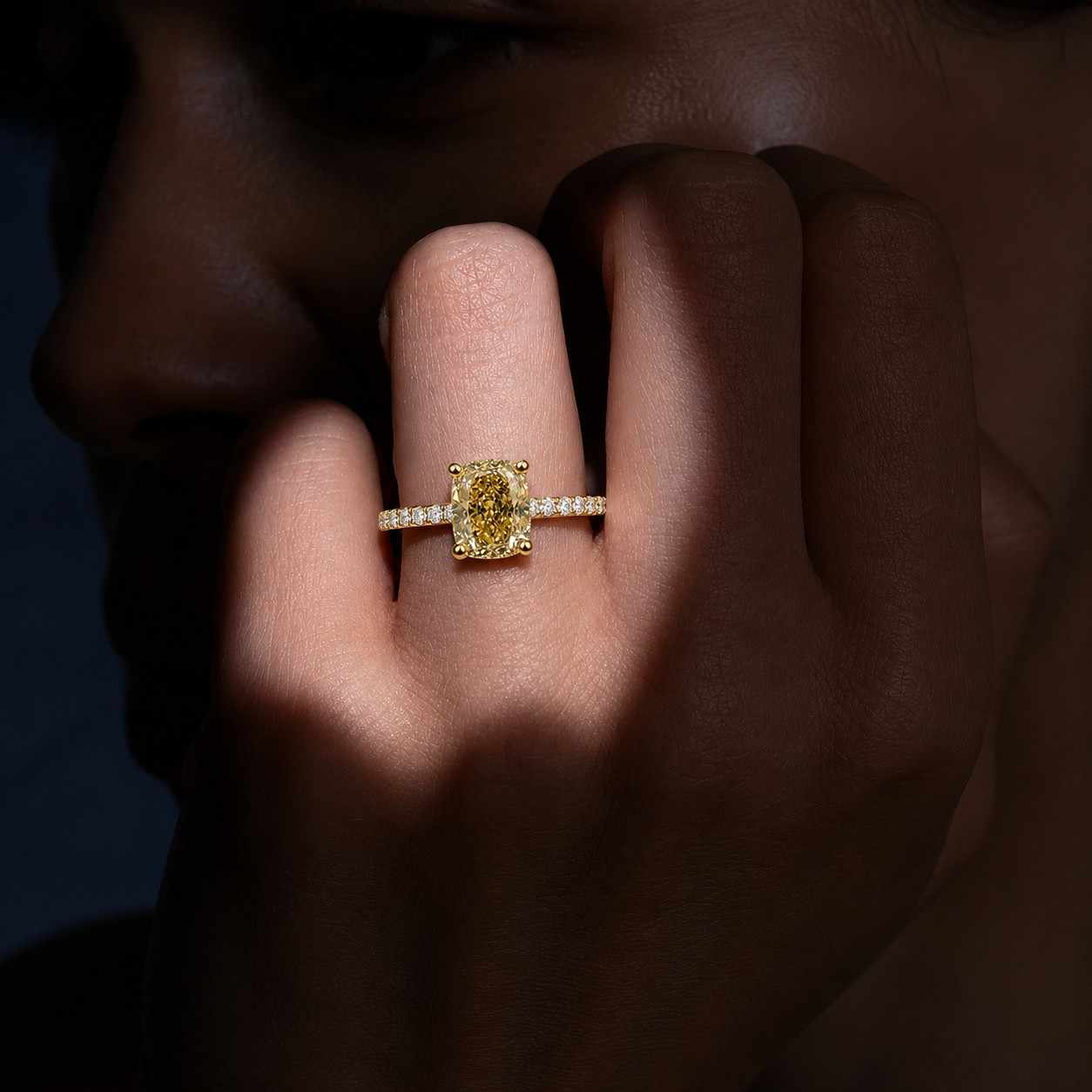 solitaire engagement ring yellow diamond ring cushion cut ring hidden halo ring cathedral setting pave shank ring luxury engagement ring bridal jewelry fine ring everyday ring stacking ring dainty ring elegant jewelry slim ring