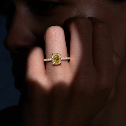 solitaire engagement ring yellow diamond ring cushion cut ring hidden halo ring cathedral setting pave shank ring luxury engagement ring bridal jewelry fine ring everyday ring stacking ring dainty ring elegant jewelry slim ring