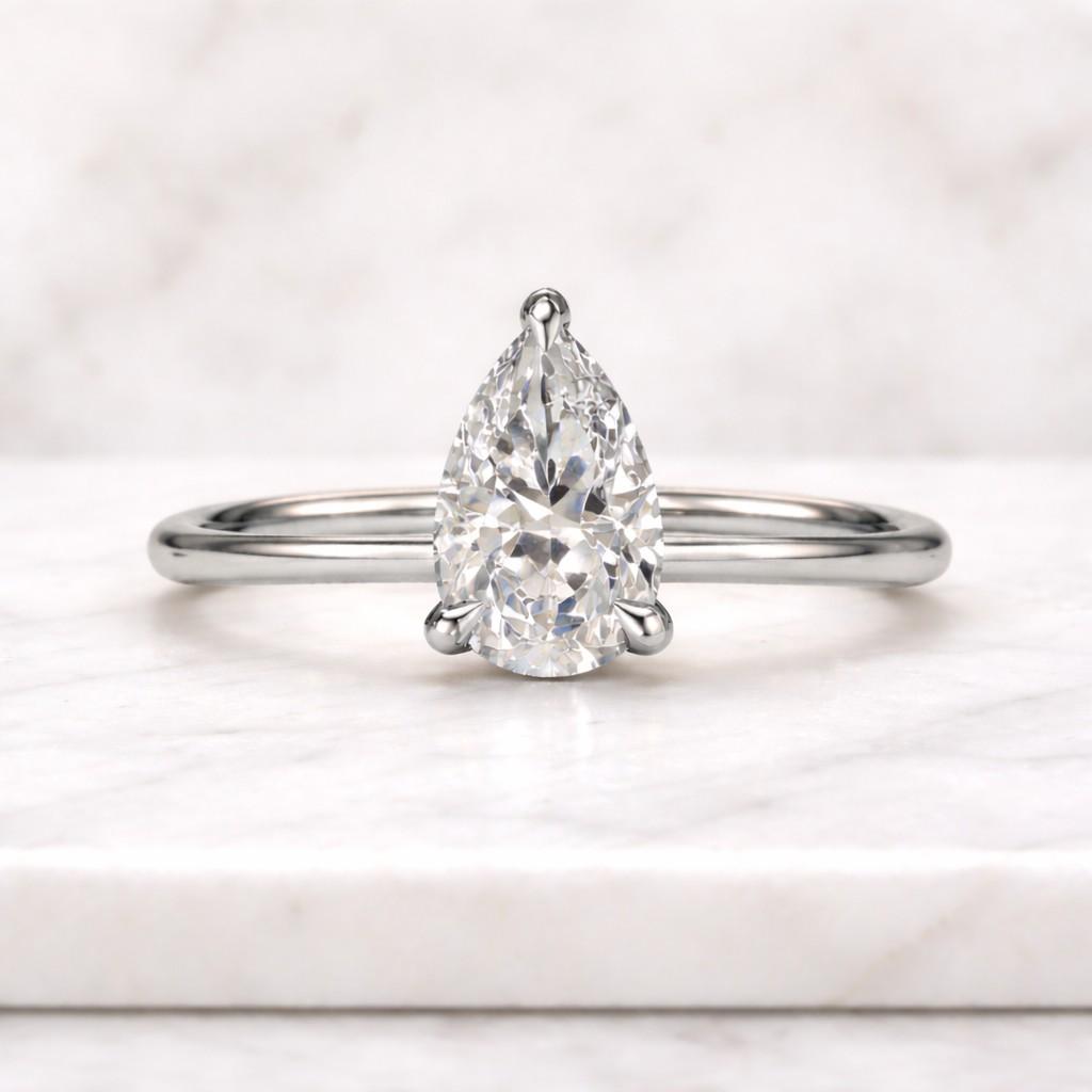 Pear Cut Solitaire Lab Diamond Engagement Ring – Pavé Band, Solid Gold, Anniversary Promise Ring
