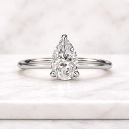 Pear Cut Solitaire Lab Diamond Engagement Ring – Pavé Band, Solid Gold, Anniversary Promise Ring