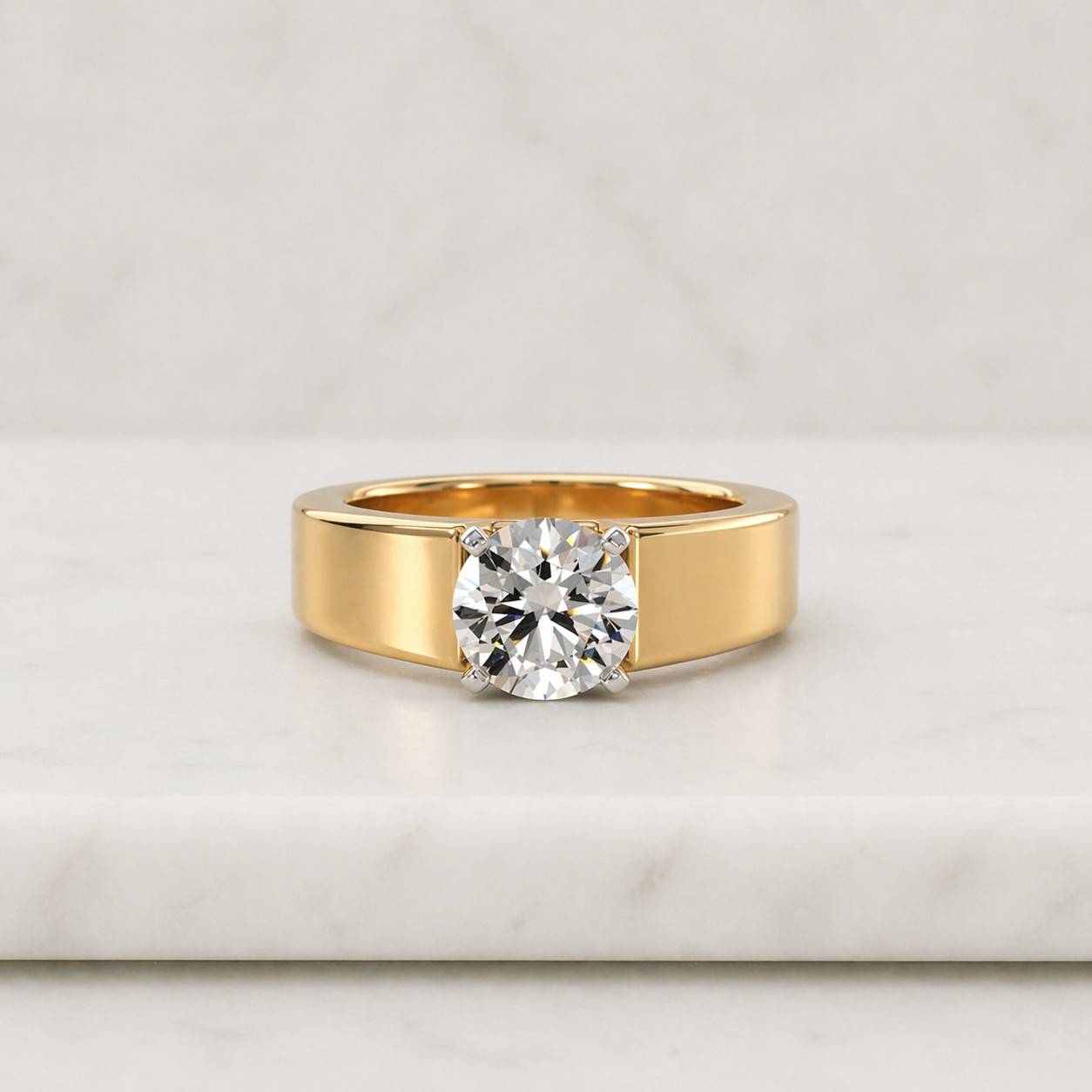 Solid Gold Two Tone Moissanite Engagement Ring, 3mm Wide Band Solitaire Ring,