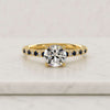 Round Cut Lab Grown Diamond Blue and White Diamond Pave Set Gold Ring
