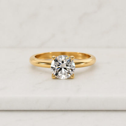 Solid Gold Solitaire Round Cut Moissanite Engagement Ring Bezel Set, Cathedral Ring
