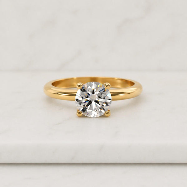 Solid Gold Solitaire Round Cut Moissanite Engagement Ring Bezel Set, Cathedral Ring