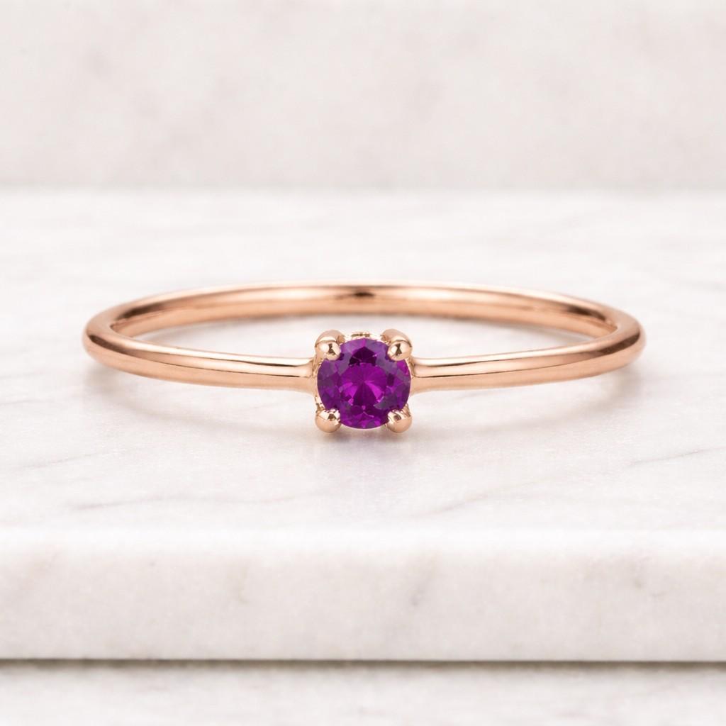14k solid gold amethyst pavé stackable ring, thin gold february birthstone ring, purple lab created gemstone ring, gift for women