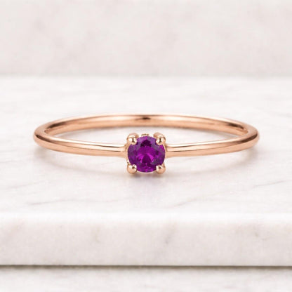14K Solid Gold Amethyst Pavé Stackable Ring, Thin Gold February Birthstone Ring, Purple Lab Created Gemstone Ring, Gift for Women