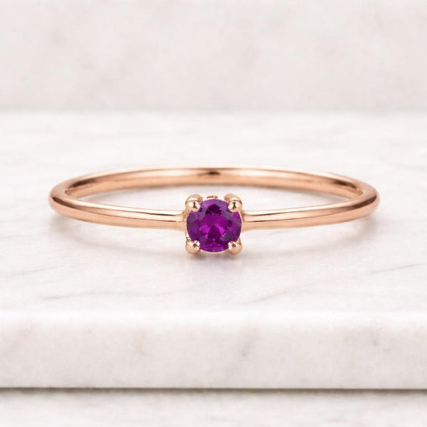 14K Solid Gold Amethyst Pavé Stackable Ring, Thin Gold February Birthstone Ring, Purple Lab Created Gemstone Ring, Gift for Women