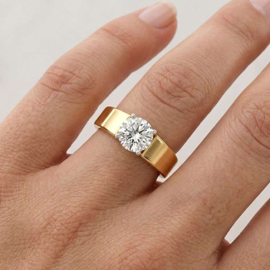 Wide Solitaire Wedding Ring, Round Cut Lab Grown Diamond Engagement Ring, 14K Yellow Gold Classic Bridal Ring, Luxury Promise Ring For Her