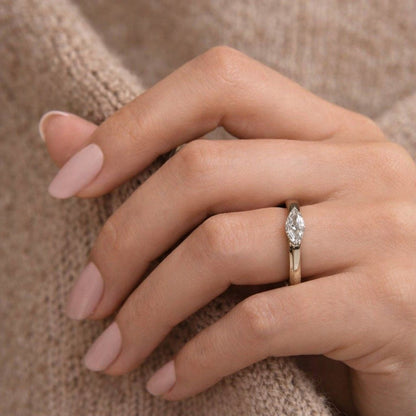 East West Marquise Cut Lab Diamond Solitaire Ring, V Prong Set 14K Gold Engagement Ring, Dainty Diamond Wedding Ring, Promise Ring For Her

