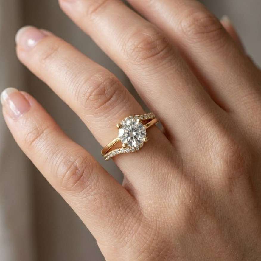 round cut solitaire moissanite engagement ring, curved pave band ring, yellow gold promise ring, unique bridal ring