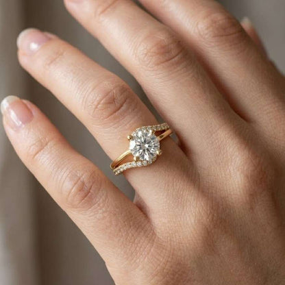 Round Cut Solitaire Moissanite Engagement Ring, Curved Pave Band Ring, Yellow Gold Promise Ring, Unique Bridal Ring