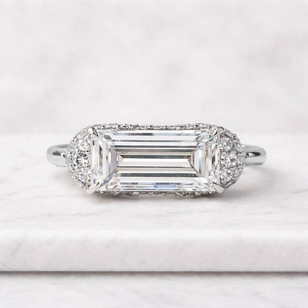 2.23 ct elongated emerald moissanite solitaire 14k solid yellow gold engagement ring hidden halo wedding ring 3 way micro paves trend setter
