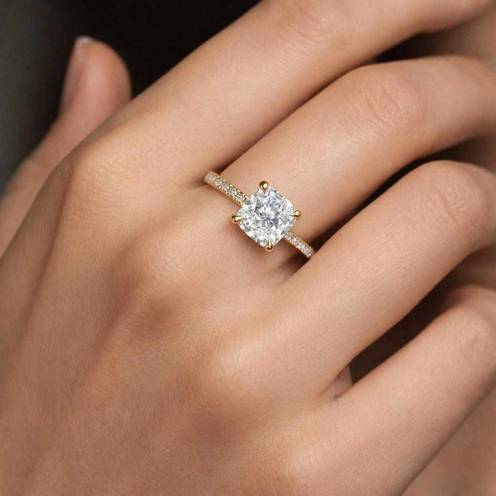 14K Solid Gold Double Tone Round Diamond Engagement Ring Cathedral Style Micro Pave Set Ring for Women Classic Minimal Bridal Proposal Ring
