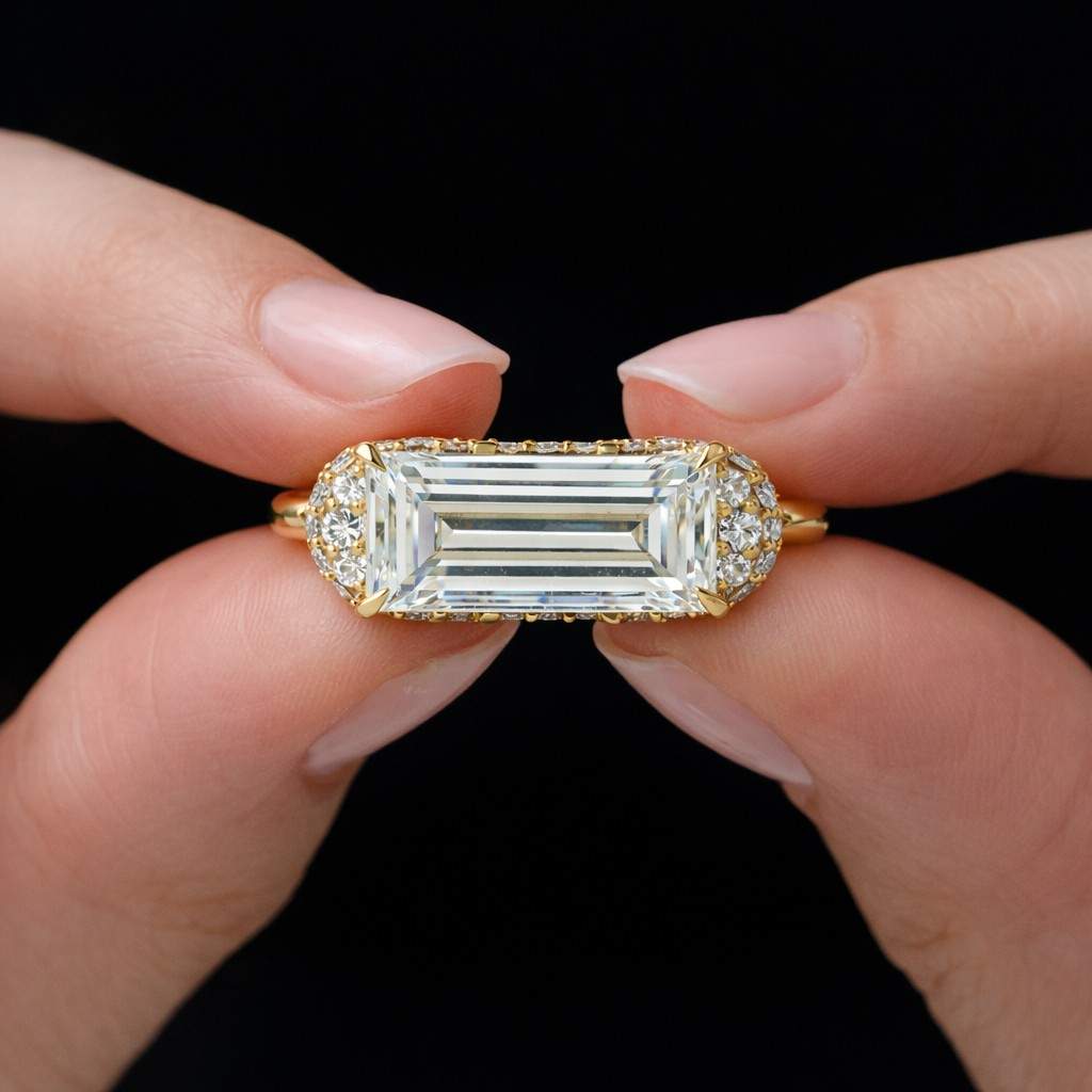 2.40 CT Elongated Emerald Moissanite Solitaire 14k Solid Yellow Gold Engagement Ring Hidden Halo Wedding Ring 3 Way Micro Paves Trend Setter
