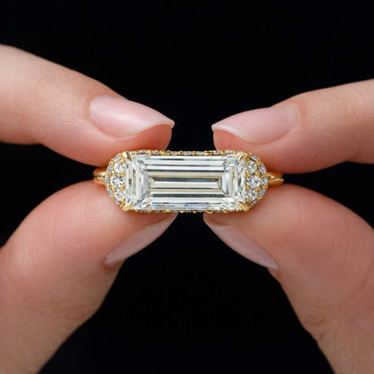 2.40 CT Elongated Emerald Moissanite Solitaire 14k Solid Yellow Gold Engagement Ring Hidden Halo Wedding Ring 3 Way Micro Paves Trend Setter
