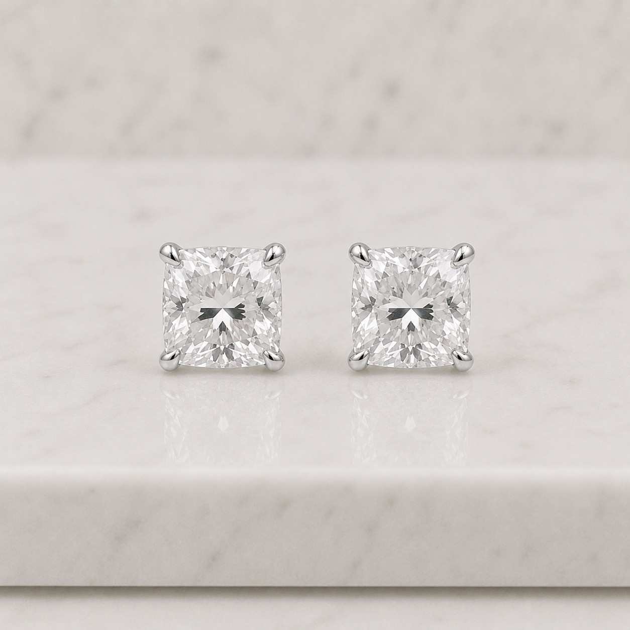 Cushion Old Mine Cut Stud Earrings 5A CZ Simulated Diamond Set in Solid 925 Sterling Silver 7x7mm Equivalent to 2 Carat Rhodium Plated
