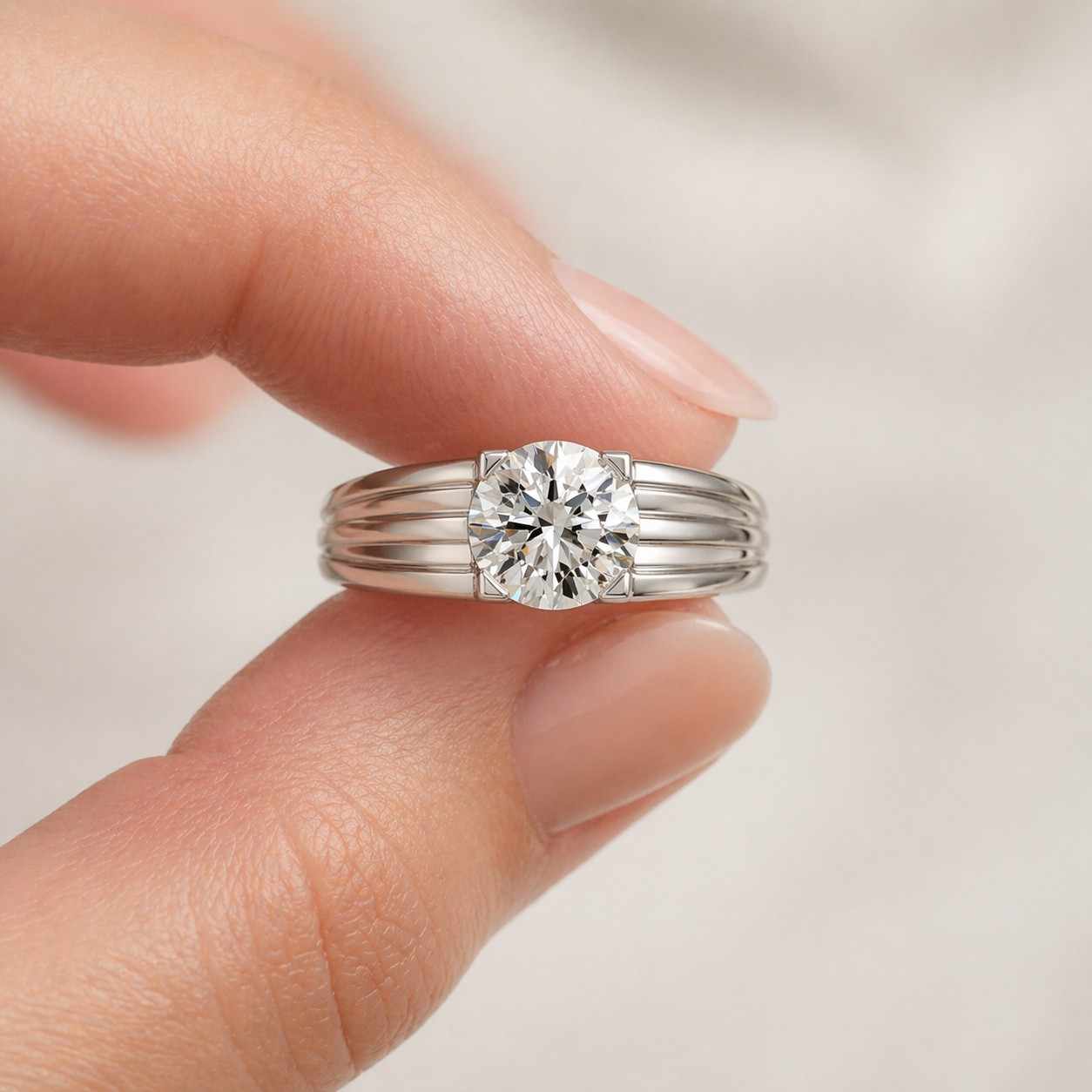 Round Cut Diamond Solitaire Ring 14K Solid Gold Textured Band Engagement Ring Minimalist Proposal Ring Gift for Her
