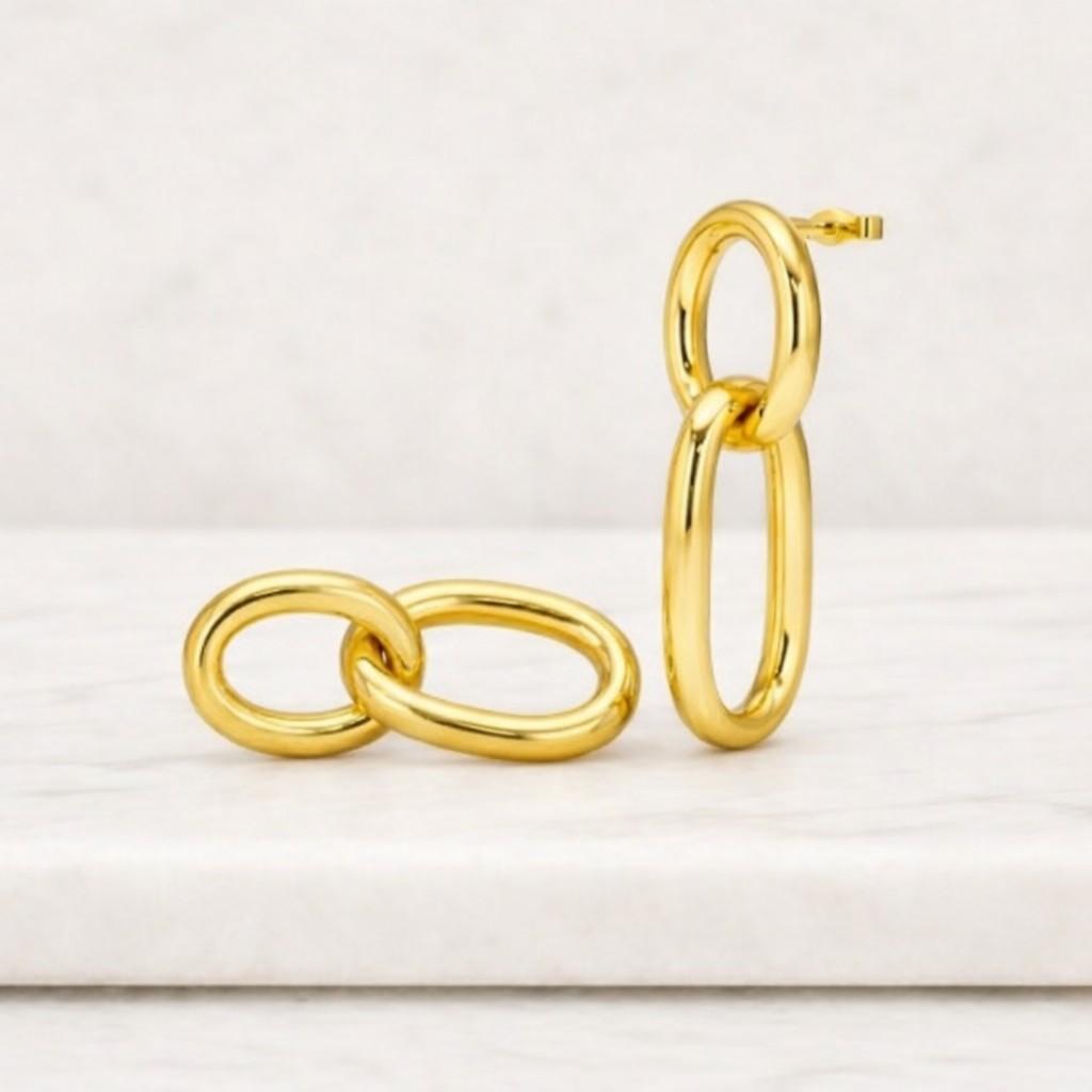 Gold Chain Link Drop Earrings | Interlocking Double Oval Dangles | Modern Minimalist Gift