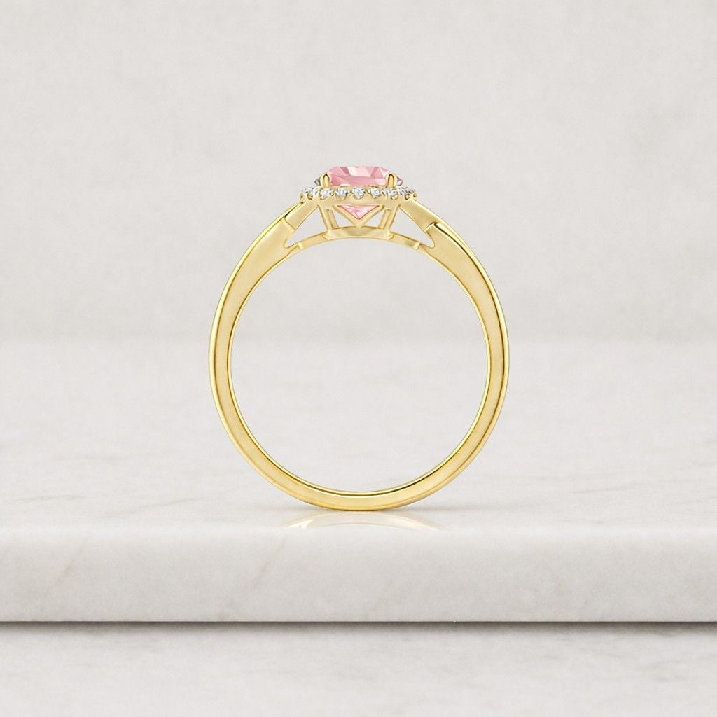 Pink Princess Cut Halo Ring, Twisted Rope Band, Rhodium Plated Statement Ring