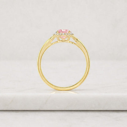 Pink Princess Cut Halo Ring, Twisted Rope Band, Rhodium Plated Statement Ring