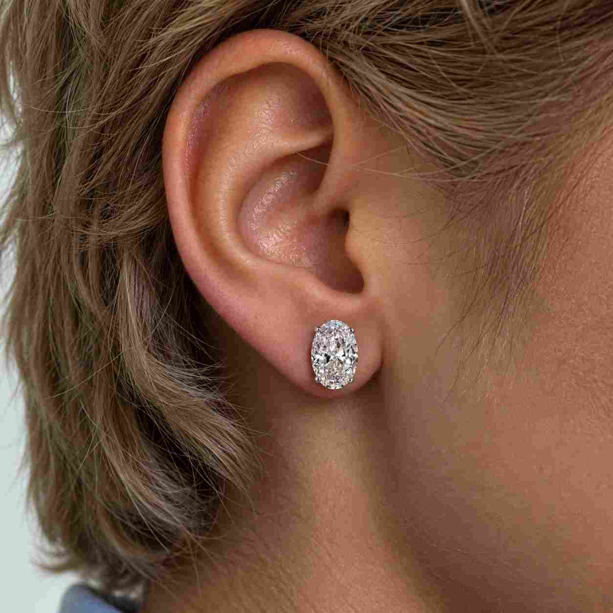elongated oval cut diamond stud earrings, 14k gold lab grown diamond earrings for women, minimalist solitaire studs, sparkly wedding jewelry
