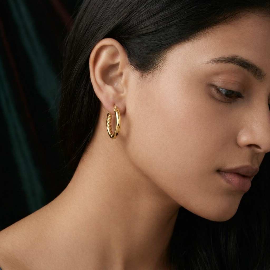 14k Yellow Gold Twisted Round Hoop Earrings with Hand Engraved Design, Diamond-Cut Details Gift For Her