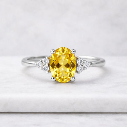Yellow Oval diamond Ring, Three Stone Engagement Ring with Trillion Side Stones, Anniversary Gift