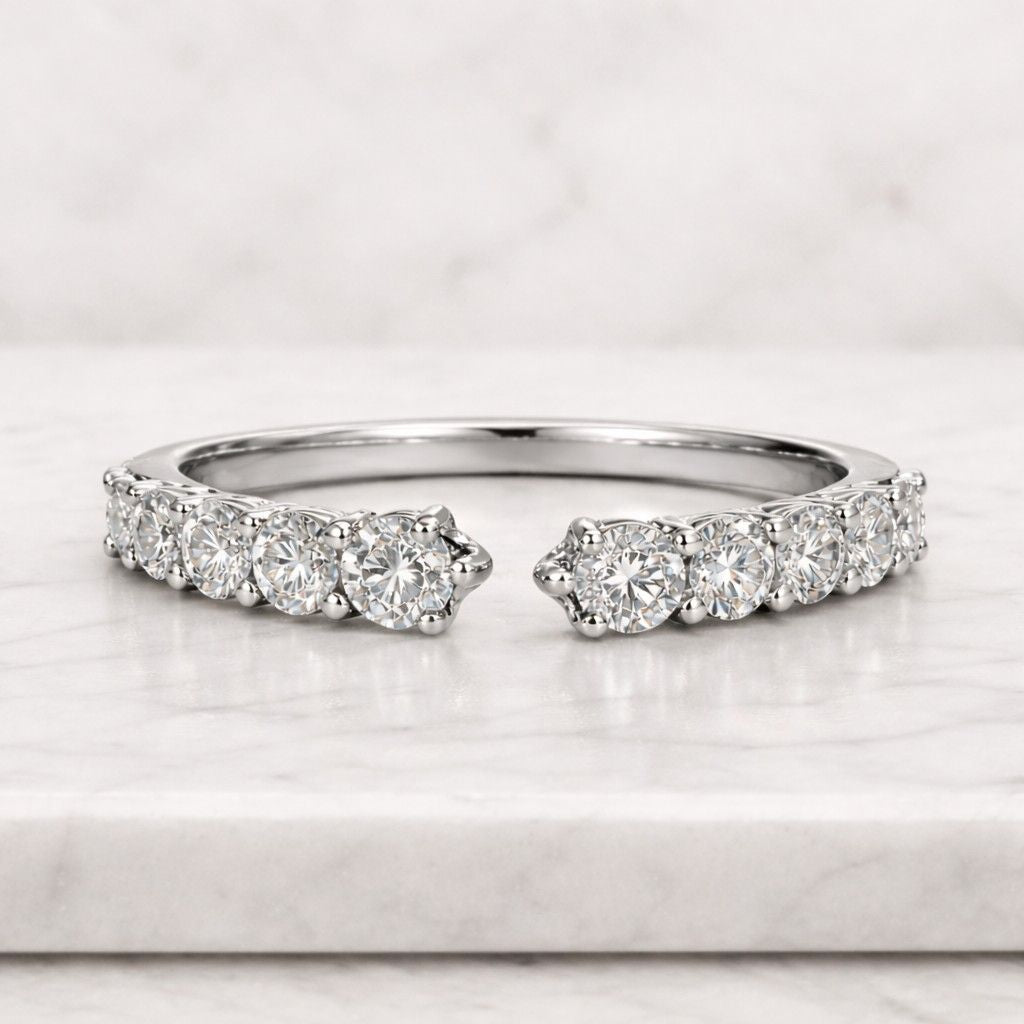 lab grown round diamond open cuff wedding band, 14k gold stacking ring, lab diamond pave set matching band for engagement ring, gift for her