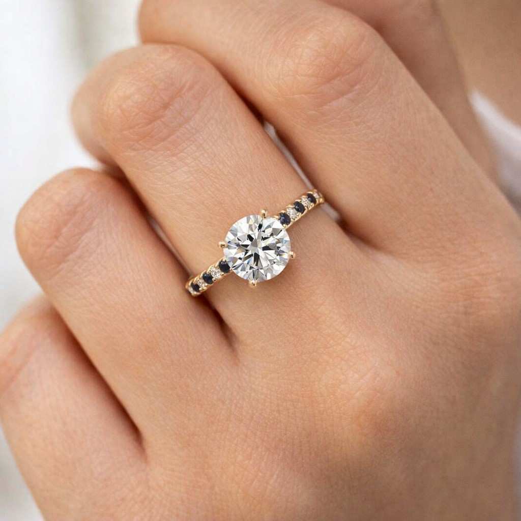3.20 Carat E VVS2 IGI Certified Round Lab Grown Diamond Three Stone Engagement Ring, Blue Sapphire Pear Side Diamonds, 14k Gold Ring For Her

