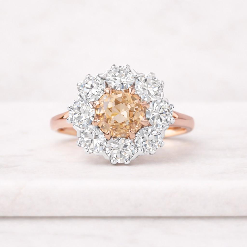 round cut moissanite halo engagement ring, 10k solid yellow gold floral style ring, anniversary gift, proposal ring, diamond ring for her