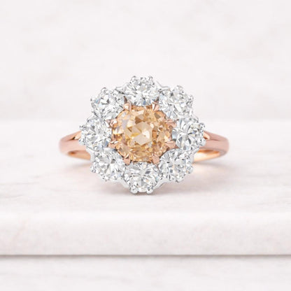 Round Cut Moissanite Halo Engagement Ring, 10K Solid Yellow Gold Floral Style Ring, Anniversary Gift, Proposal Ring, Diamond Ring For Her