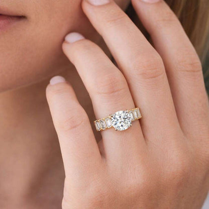 Round Lab Grown Diamond Three Stone Ring with Baguette Side Stones | 2.35 CTW IGI Certified Diamonds Engagement Ring
