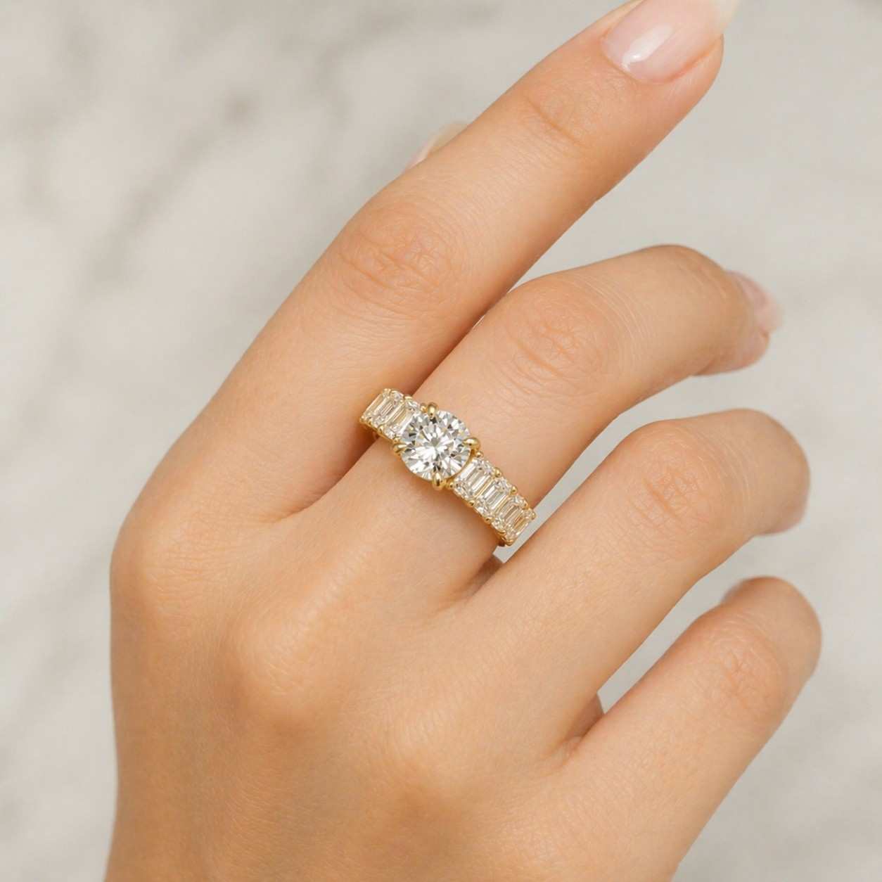 igi certified 3ct elongated radiant lab grown diamond engagement ring with emerald and round diamond, 10k 14k 18k solid gold proposal ring
