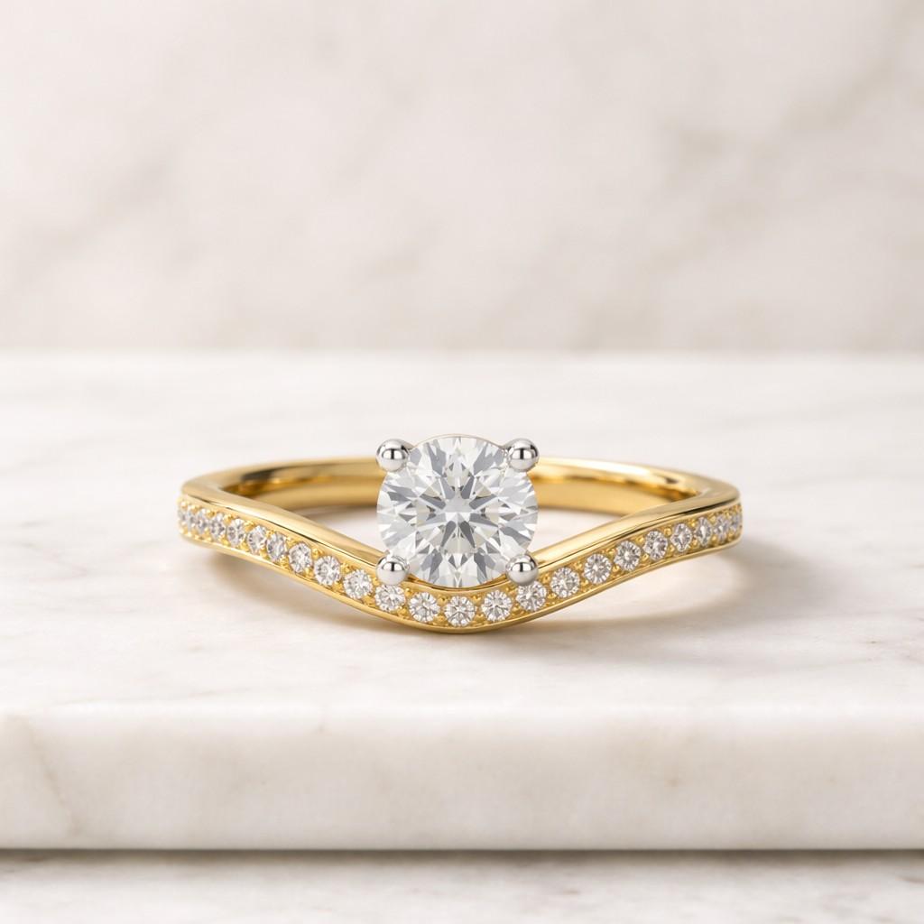 pave round cut moissanite engagement ring, solid gold curved moissanite wedding ring