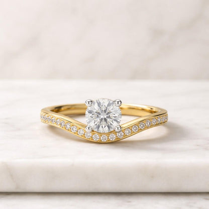 Pave Round Cut Moissanite Engagement Ring, Solid Gold Curved Moissanite Wedding Ring