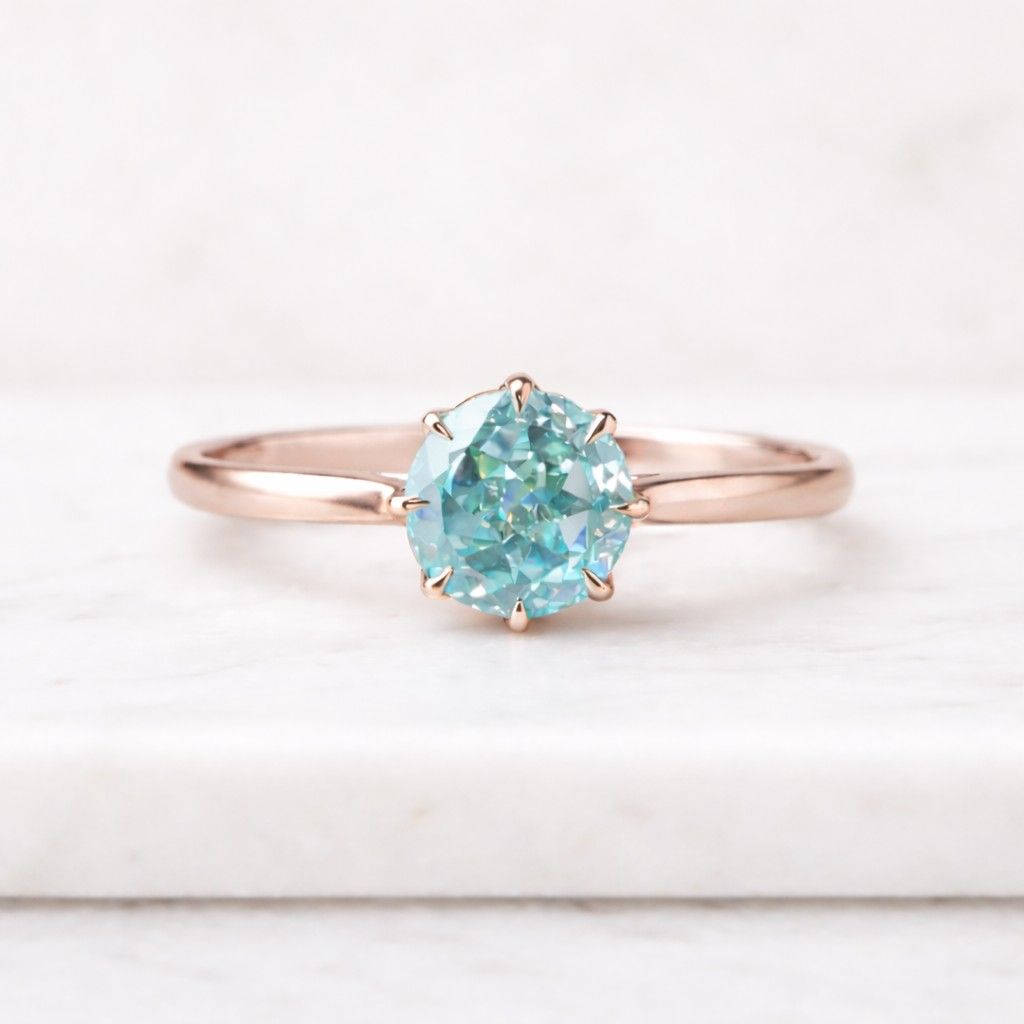 3.70 Carat Cyan Blue Round Cut Moissanite Engagement Ring, Hidden Halo Solitaire Ring, Six Prong Yellow Gold Ring, Minimalist Bridal Jewelry
