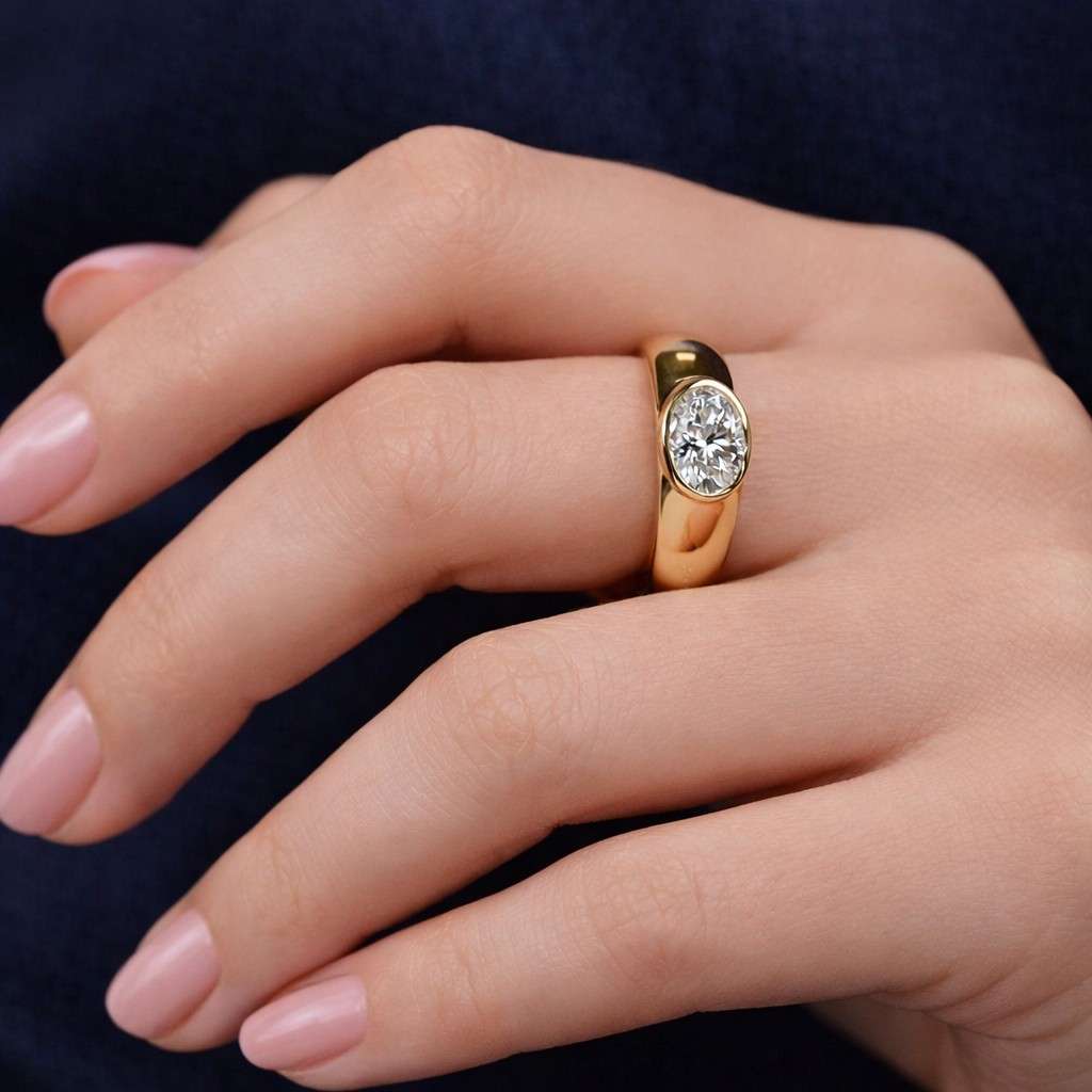 thick band ring oval bezel ring gold band ring solitaire band ring oval cut ring clean design ring simple ring bold ring