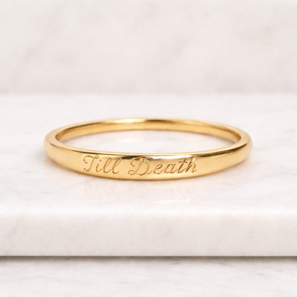 Gold Rhodium Till Death Ring, Gothic Engraved Band Ring, 925 Sterling Silver Minimalist Promise Ring, Unisex Statement Ring
