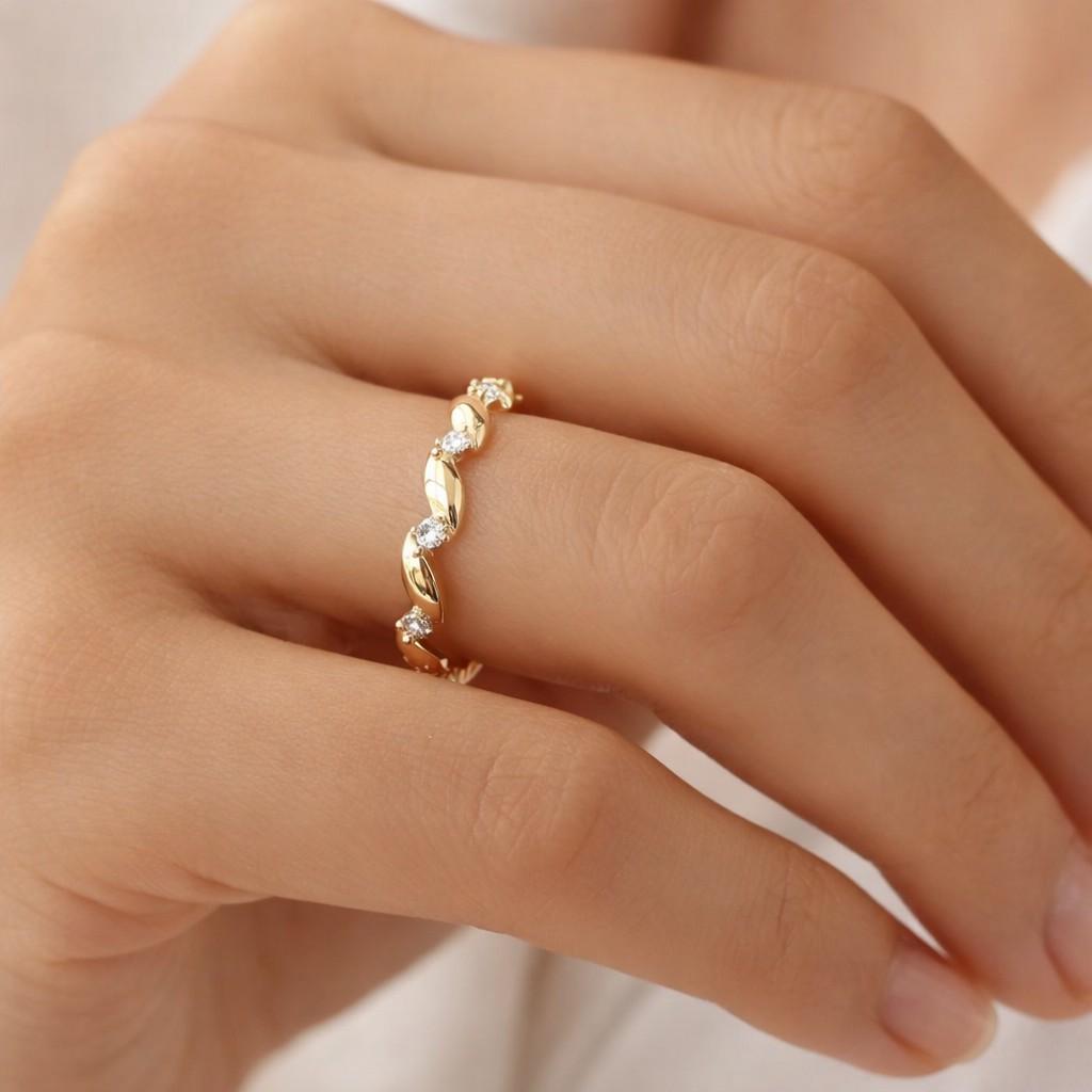 diamond wedding band for engagement ring, yellow gold ring, delicate leaf design stacking matching ring, anniversary ring

