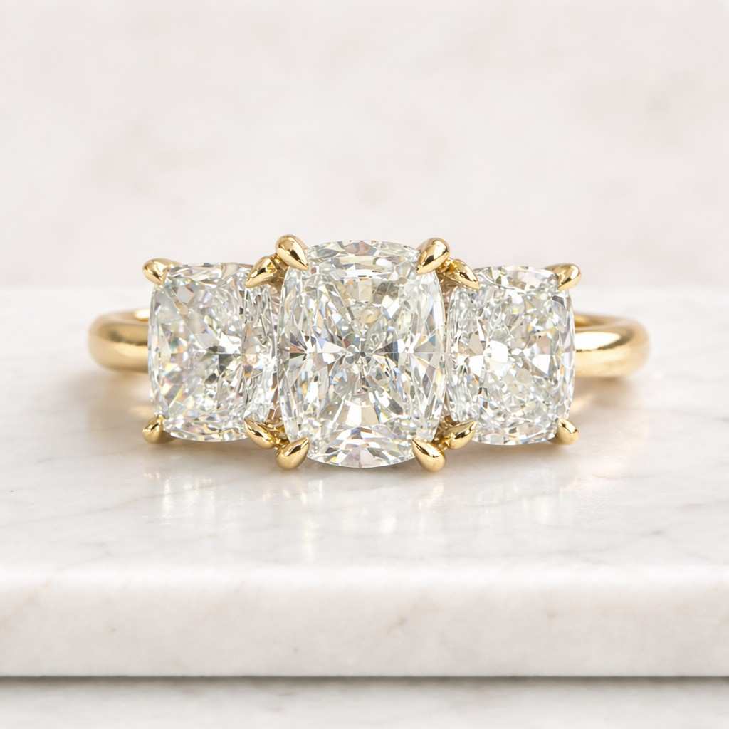 three stone ring cushion cut ring gold ring statement ring bridal ring luxury ring solitaire ring prong setting ring elegant ring chunky ring