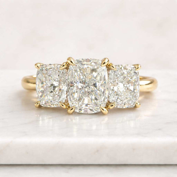 three stone ring cushion cut ring gold ring statement ring bridal ring luxury ring solitaire ring prong setting ring elegant ring chunky ring