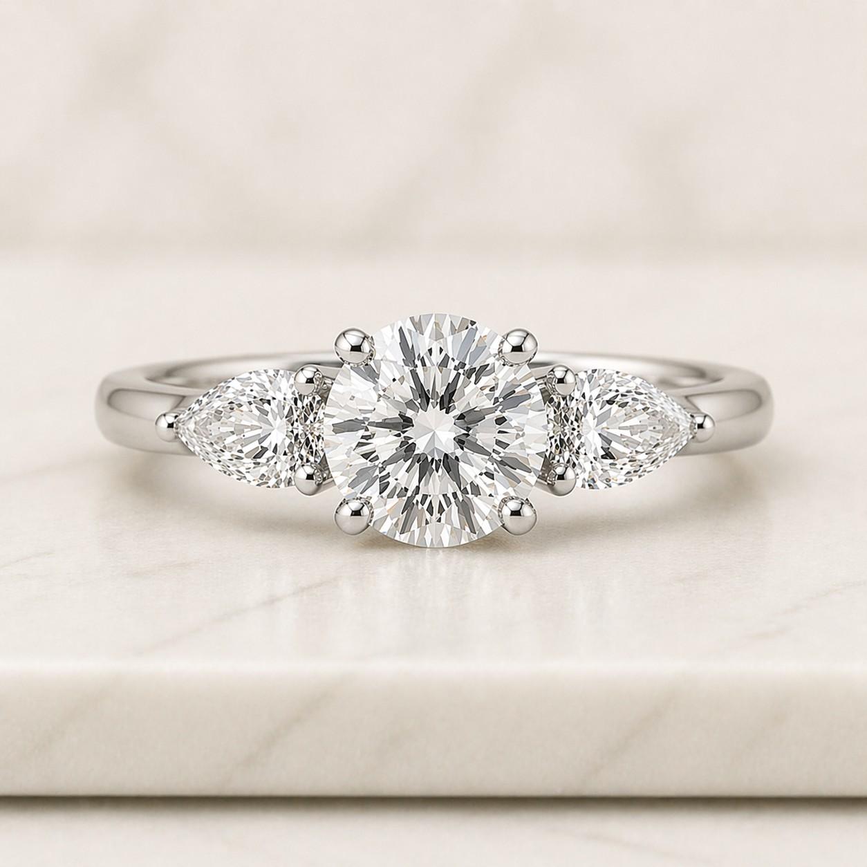 Round Cut Lab Grown Diamond Three Stone Ring, 14K Thin Gold Trilogy Ring For Wedding Gift, Lab Created Diamond Minimalist Ring For Women